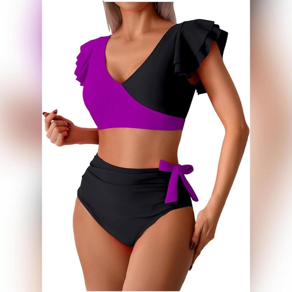 NWT Vaunega Two Piece High Waisted Ruffle Sleeve V Neck Swimsuit, Small